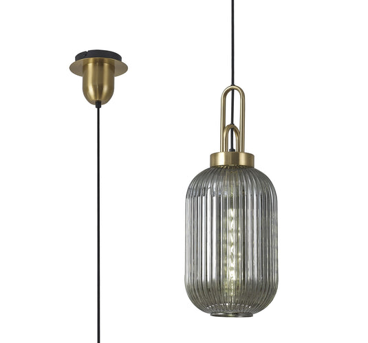 C-Lighting Chisel 1 Light Pendant E27 With 20cm Tubular Ribbed Glass, Smoked Brass Gold/Matt Black - 33412