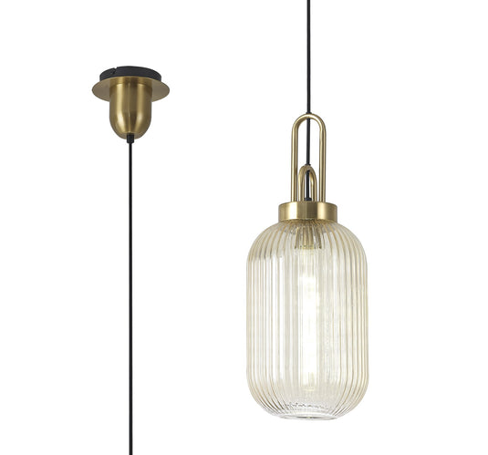 C-Lighting Chisel 1 Light Pendant E27 With 20cm Tubular Ribbed Glass, Champagne Brass Gold/Matt Black - 33413