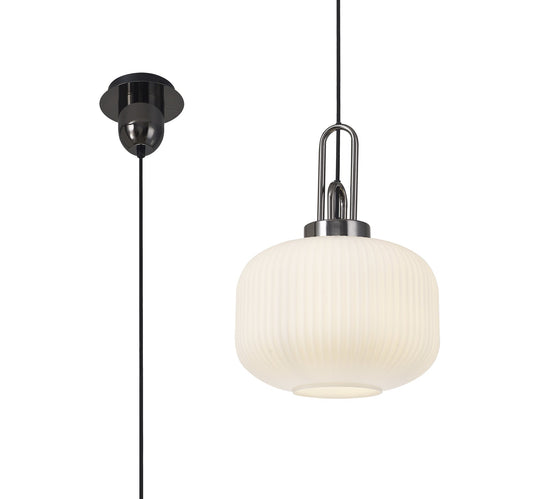 C-Lighting Chisel 1 Light Pendant E27 With 30cm Round Ribbed Glass, Opal Black Chrome/Matt Black - 33414