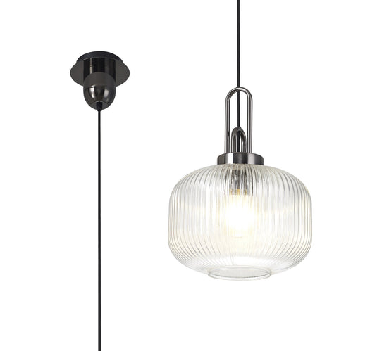 C-Lighting Chisel 1 Light Pendant E27 With 30cm Round Ribbed Glass, Clear Black Chrome/Matt Black - 33415