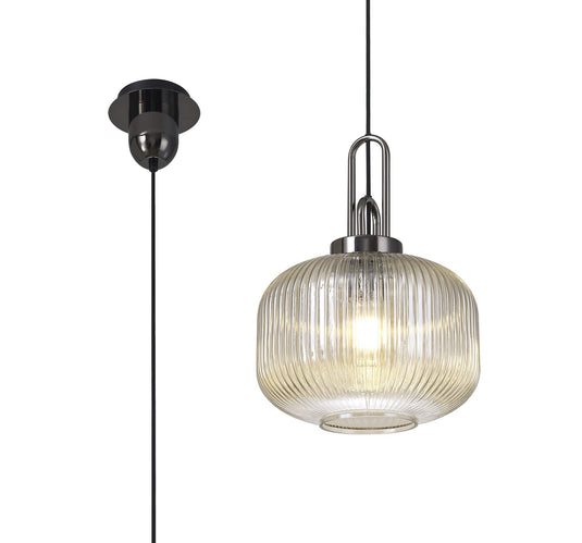 C-Lighting Chisel 1 Light Pendant E27 With 30cm Round Ribbed Glass, Champagne Black Chrome/Matt Black - 33416
