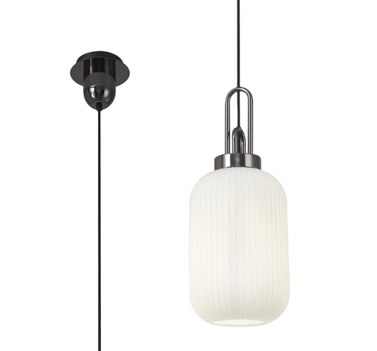 C-Lighting Chisel 1 Light Pendant E27 With 20cm Tubular Ribbed Glass, Opal Black Chrome/Matt Black - 33417