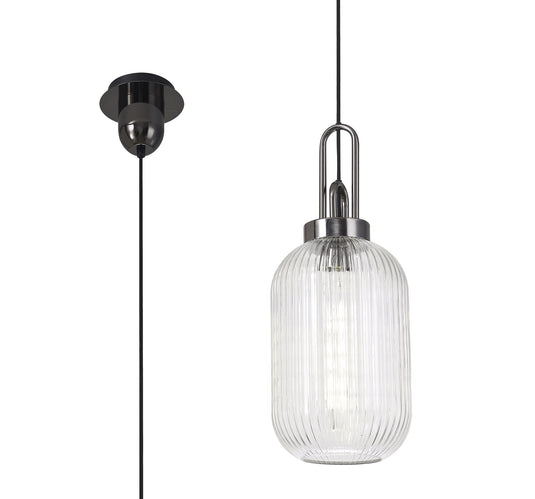 C-Lighting Chisel 1 Light Pendant E27 With 20cm Tubular Ribbed Glass, Clear Black Chrome/Matt Black - 33418