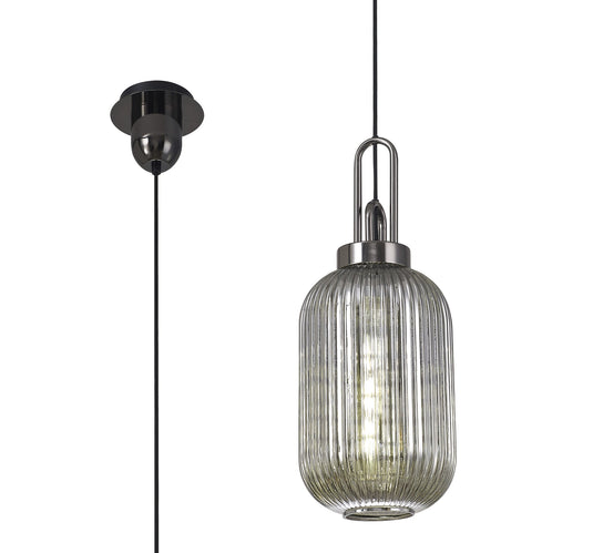 C-Lighting Chisel 1 Light Pendant E27 With 20cm Tubular Ribbed Glass, Smoked Black Chrome/Matt Black - 33419