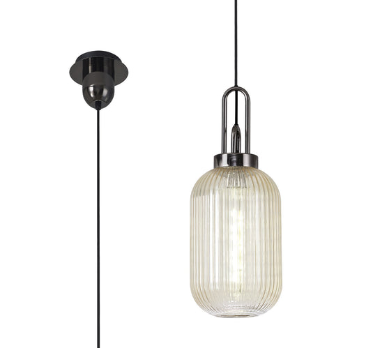 C-Lighting Chisel 1 Light Pendant E27 With 20cm Tubular Ribbed Glass, Champagne Black Chrome/Matt Black - 33420