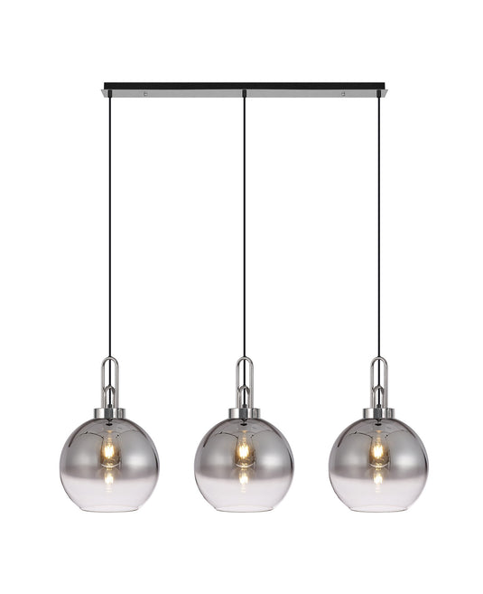 C-Lighting Chisel Linear 3 Light Pendant E27 With 30cm Globe Glass, Smoked/Clear Polished Nickel/Matt Black - 33435