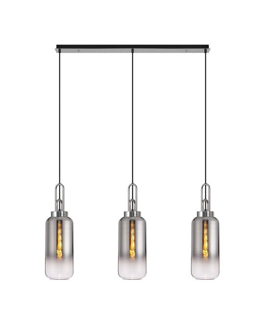 C-Lighting Chisel Linear 3 Light Pendant E27 With 16cm Cylinder Glass, Smoked/Clear Polished Nickel/Matt Black - 33436