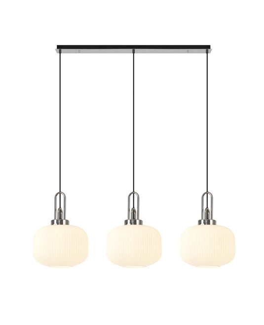 C-Lighting Chisel Linear 3 Light Pendant E27 With 30cm Round Ribbed Glass, Opal Polished Nickel/Matt Black - 33437