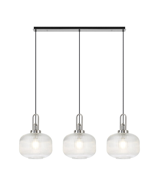 C-Lighting Chisel Linear 3 Light Pendant E27 With 30cm Round Ribbed Glass, Clear Polished Nickel/Matt Black - 33438