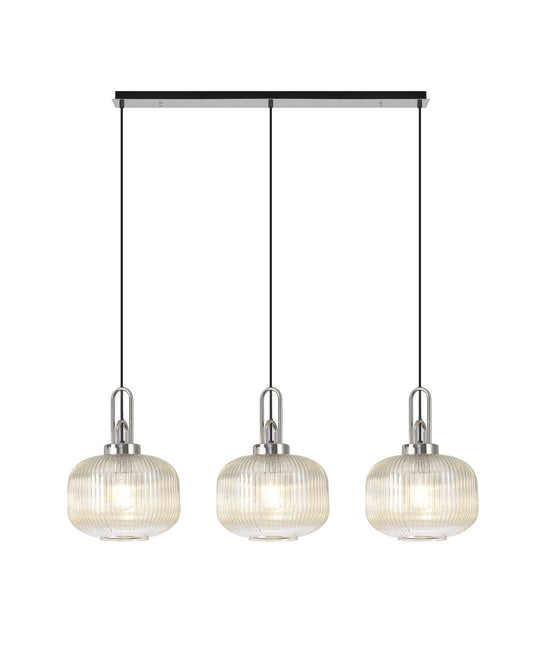 C-Lighting Chisel Linear 3 Light Pendant E27 With 30cm Round Ribbed Glass, Champagne Polished Nickel/Matt Black - 33439