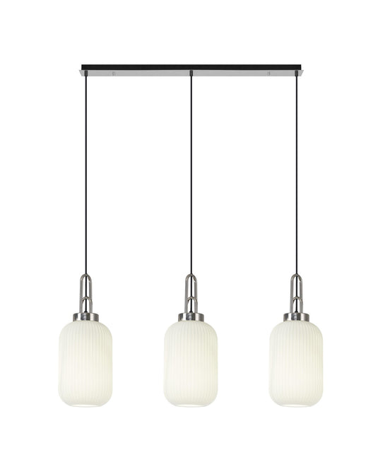 C-Lighting Chisel Linear 3 Light Pendant E27 With 20cm Tubular Ribbed Glass, Opal Polished Nickel/Matt Black - 33440