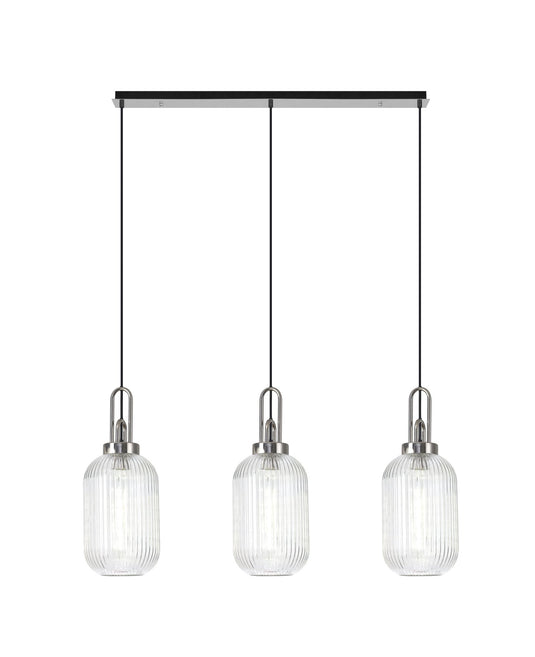 C-Lighting Chisel Linear 3 Light Pendant E27 With 20cm Tubular Ribbed Glass, Clear Polished Nickel/Matt Black - 33441