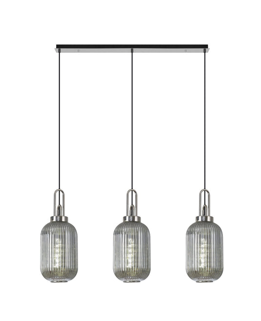 C-Lighting Chisel Linear 3 Light Pendant E27 With 20cm Tubular Ribbed Glass, Smoked Polished Nickel/Matt Black - 33442
