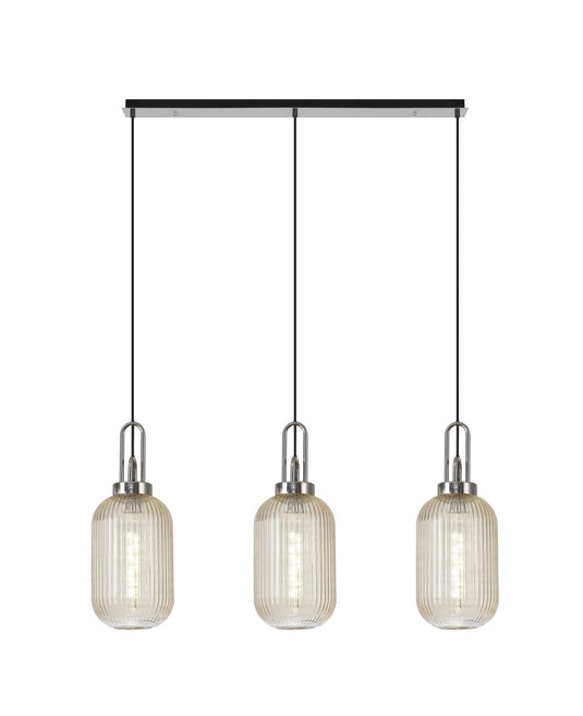 C-Lighting Chisel Linear 3 Light Pendant E27 With 20cm Tubular Ribbed Glass, Champagne Polished Nickel/Matt Black - 33443