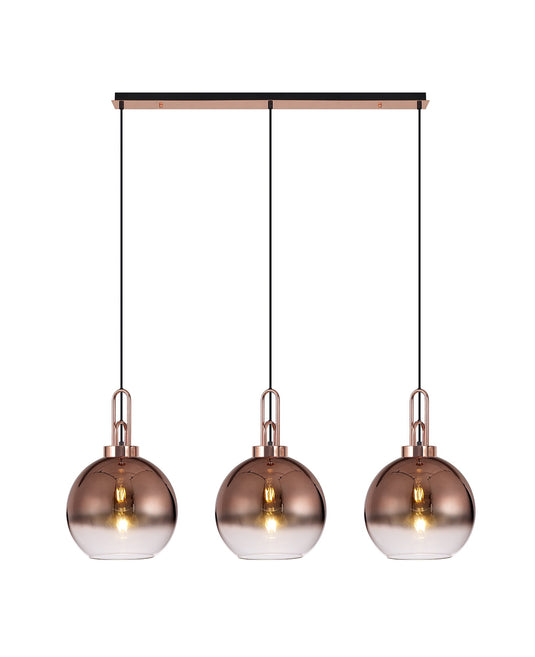 C-Lighting Chisel Linear 3 Light Pendant E27 With 30cm Globe Glass, Copper/Clear Copper/Matt Black - 33444