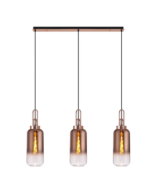 C-Lighting Chisel Linear 3 Light Pendant E27 With 16cm Cylinder Glass, Copper/Clear Copper/Matt Black - 33445