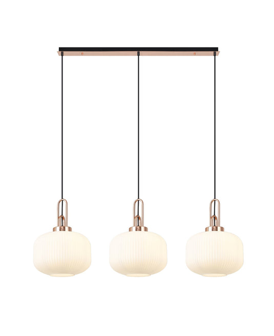 C-Lighting Chisel Linear 3 Light Pendant E27 With 30cm Round Ribbed Glass, Opal Copper/Matt Black - 33446