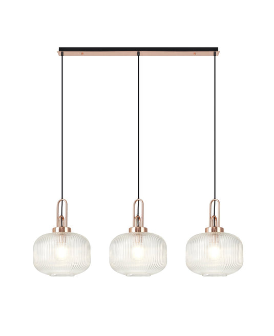 C-Lighting Chisel Linear 3 Light Pendant E27 With 30cm Round Ribbed Glass, Clear Copper/Matt Black - 33447