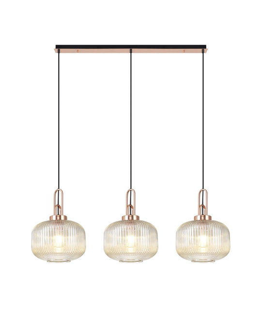 C-Lighting Chisel Linear 3 Light Pendant E27 With 30cm Round Ribbed Glass, Champagne Copper/Matt Black - 33448