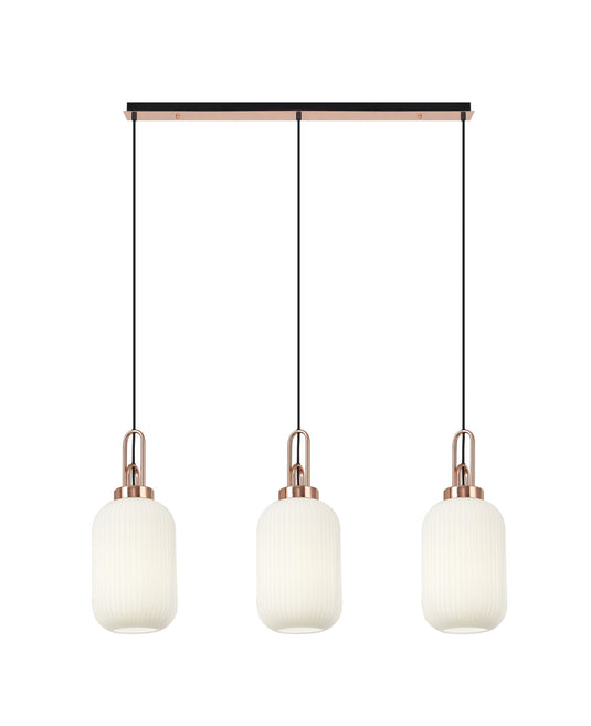C-Lighting Chisel Linear 3 Light Pendant E27 With 20cm Tubular Ribbed Glass, Opal Copper/Matt Black - 33449