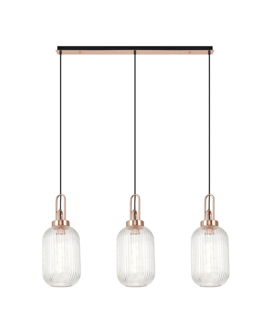 C-Lighting Chisel Linear 3 Light Pendant E27 With 20cm Tubular Ribbed Glass, Clear Copper/Matt Black - 33450