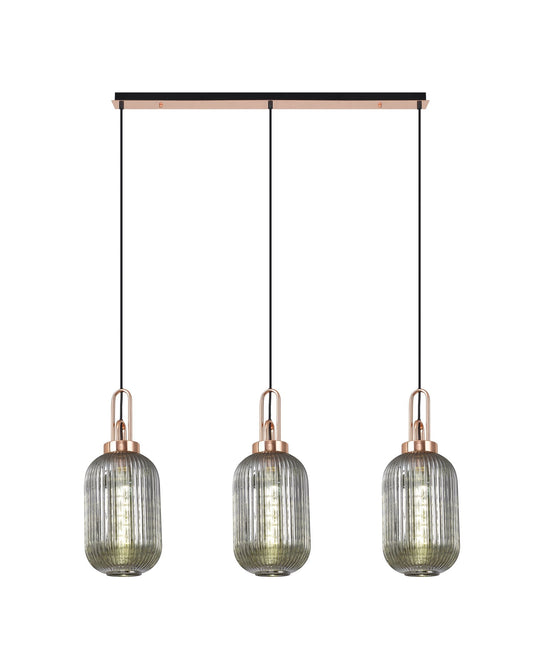C-Lighting Chisel Linear 3 Light Pendant E27 With 20cm Tubular Ribbed Glass, Smoked Copper/Matt Black - 33451