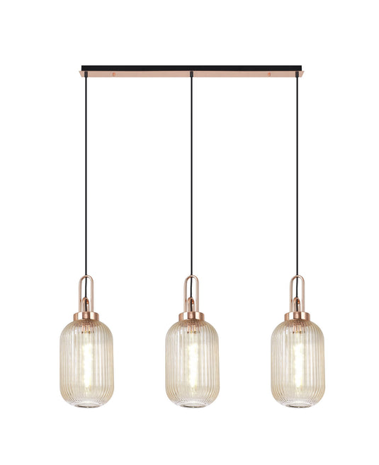 C-Lighting Chisel Linear 3 Light Pendant E27 With 20cm Tubular Ribbed Glass, Champagne Copper/Matt Black - 33452