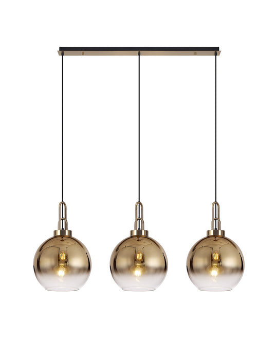 C-Lighting Chisel Linear 3 Light Pendant E27 With 30cm Globe Glass, Brass Gold/Clear Brass Gold/Matt Black - 33453