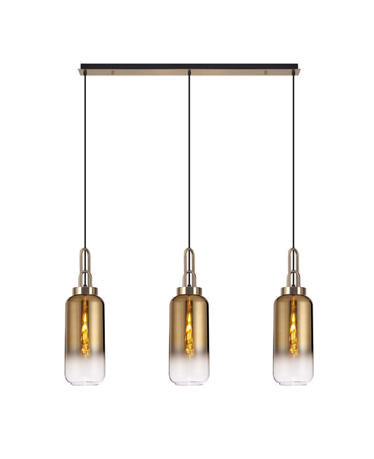 C-Lighting Chisel Linear 3 Light Pendant E27 With 16cm Cylinder Glass, Brass Gold/Clear Brass Gold/Matt Black - 33454