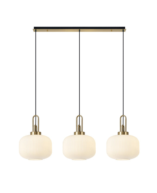 C-Lighting Chisel Linear 3 Light Pendant E27 With 30cm Round Ribbed Glass, Opal Brass Gold/Matt Black - 33455