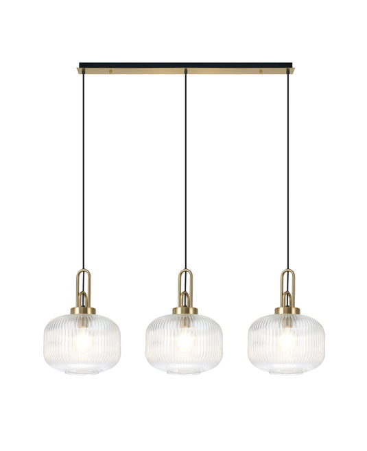 C-Lighting Chisel Linear 3 Light Pendant E27 With 30cm Round Ribbed Glass, Clear Brass Gold/Matt Black - 33456