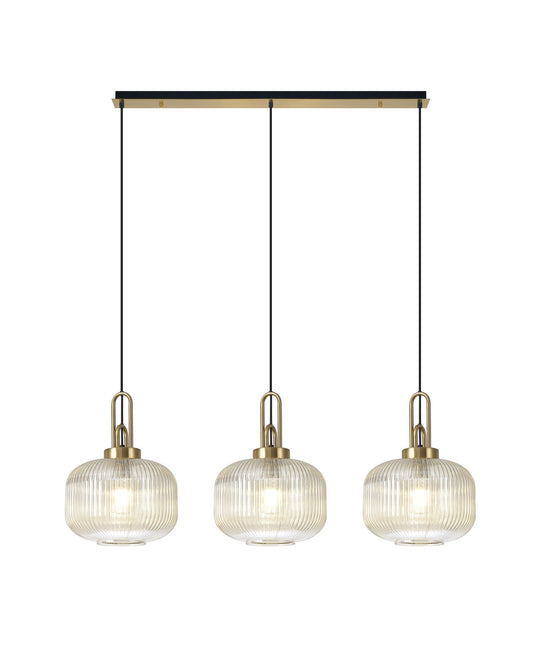 C-Lighting Chisel Linear 3 Light Pendant E27 With 30cm Round Ribbed Glass, Champagne Brass Gold/Matt Black - 33457
