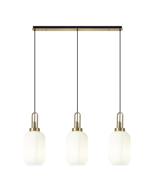 C-Lighting Chisel Linear 3 Light Pendant E27 With 20cm Tubular Ribbed Glass, Opal Brass Gold/Matt Black - 33458