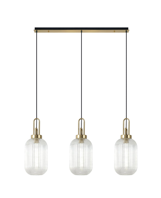 C-Lighting Chisel Linear 3 Light Pendant E27 With 20cm Tubular Ribbed Glass, Clear Brass Gold/Matt Black - 33459