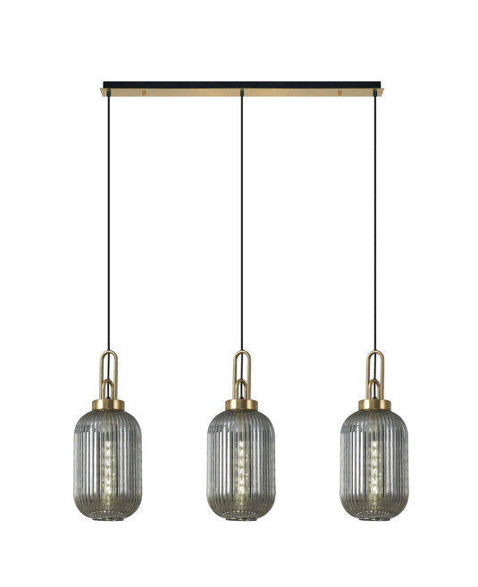 C-Lighting Chisel Linear 3 Light Pendant E27 With 20cm Tubular Ribbed Glass, Smoked Brass Gold/Matt Black - 33460