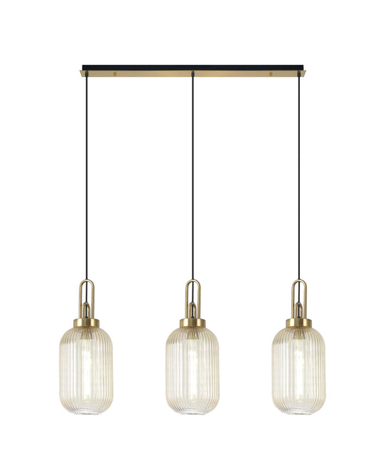 C-Lighting Chisel Linear 3 Light Pendant E27 With 20cm Tubular Ribbed Glass, Champagne Brass Gold/Matt Black - 33461