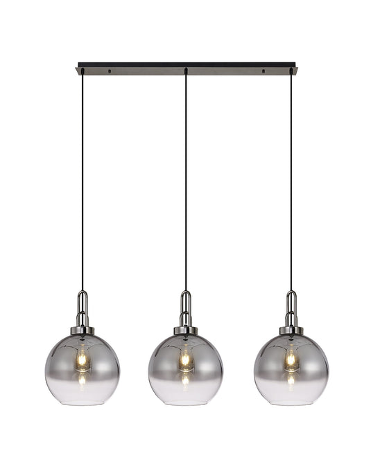 C-Lighting Chisel Linear 3 Light Pendant E27 With 30cm Globe Glass, Smoked/Clear Black Chrome/Matt Black - 33462