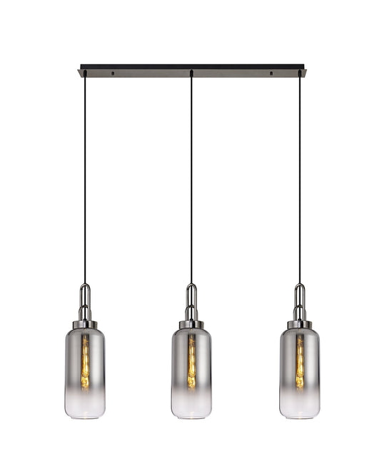 C-Lighting Chisel Linear 3 Light Pendant E27 With 16cm Cylinder Glass, Smoked/Clear Black Chrome/Matt Black - 33463