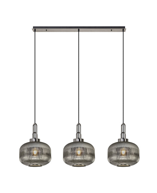 C-Lighting Chisel Linear 3 Light Pendant E27 With 30cm Round Ribbed Glass, Smoked Black Chrome/Matt Black - 33464