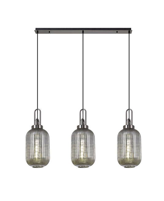 C-Lighting Chisel Linear 3 Light Pendant E27 With 20cm Tubular Ribbed Glass, Smoked Black Chrome/Matt Black - 33465