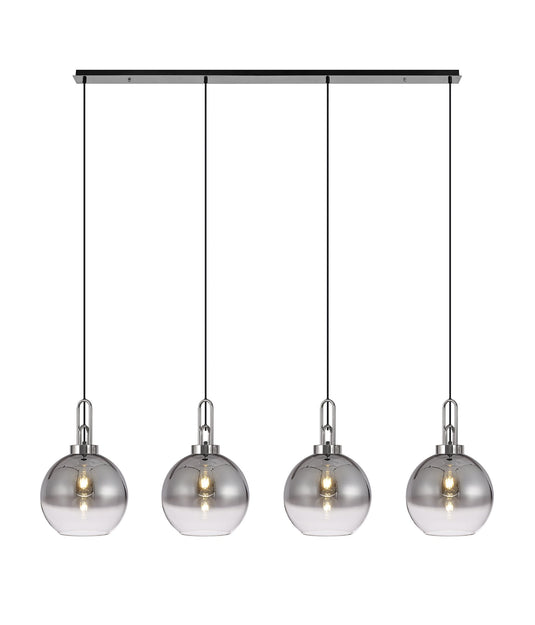 C-Lighting Chisel Linear 4 Light Pendant E27 With 30cm Globe Glass, Smoked/Clear Polished Nickel/Matt Black - 33466