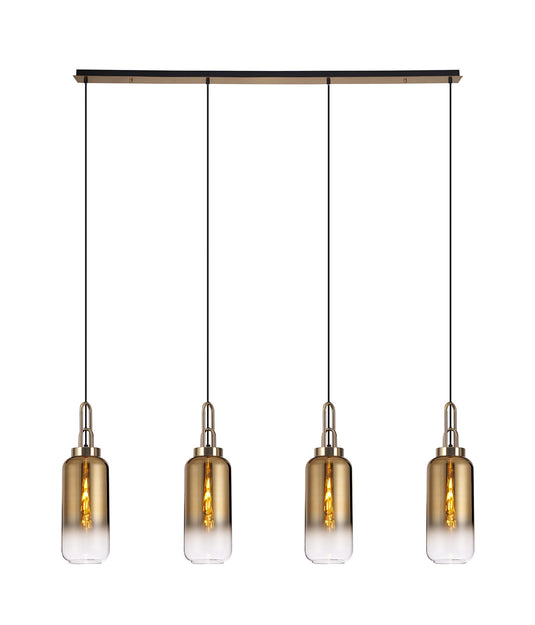 C-Lighting Chisel Linear 4 Light Pendant E27 With 16cm Cylinder Glass, Brass Gold/Clear Brass Gold/Matt Black - 33471