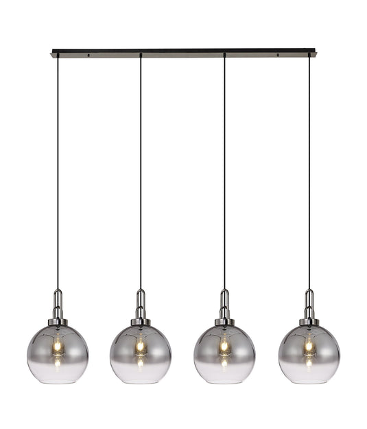 C-Lighting Chisel Linear 4 Light Pendant E27 With 30cm Globe Glass, Smoked/Clear Black Chrome/Matt Black - 33472