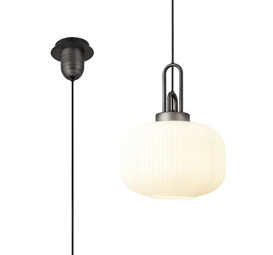 C-Lighting Chisel 1 Light Pendant E27 With 30cm Round Ribbed Glass, Opal Black/Aged Pewter - 33421