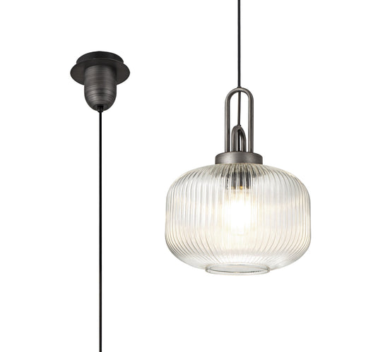 C-Lighting Chisel 1 Light Pendant E27 30cm Round Ribbed Glass, Clear Black/Aged Pewter - 33422