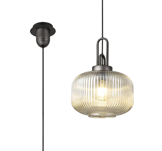 C-Lighting Chisel 1 Light Pendant E27 30cm Round Ribbed Glass, Champagne Black/Aged Pewter - 33423