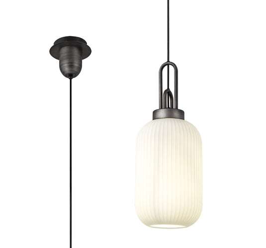 C-Lighting Chisel 1 Light Pendant E27 20cm Tubular Ribbed Glass, Opal Black/Aged Pewter - 33424