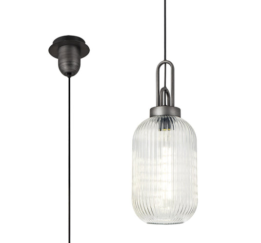C-Lighting Chisel 1 Light Pendant E27 20cm Tubular Ribbed Glass, Clear Black/Aged Pewter - 33425