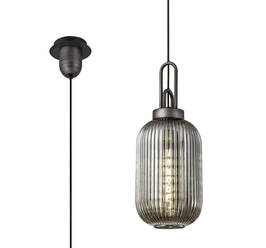 C-Lighting Chisel 1 Light Pendant E27 20cm Tubular Ribbed Glass, Smoked Black/Aged Pewter - 33426