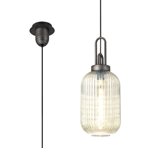 C-Lighting Chisel 1 Light Pendant E27 20cm Tubular Ribbed Glass, Champagne Black/Aged Pewter - 33427